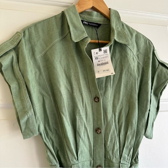 Zara Linen topstitched jumpsuit in light green Size XS Minimalist Beachy - Picture 6 of 9